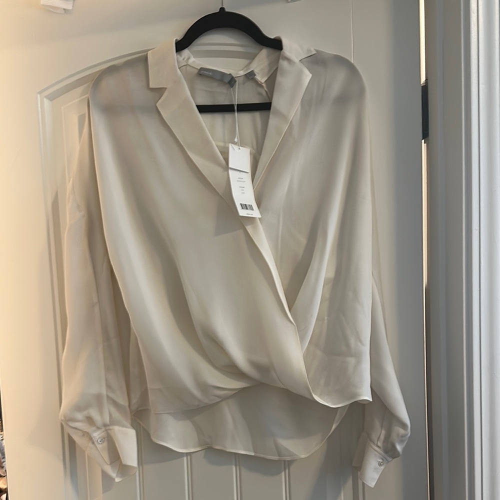 Vince Tan Wrap Blouse with Notched Collar and Long Sleeves